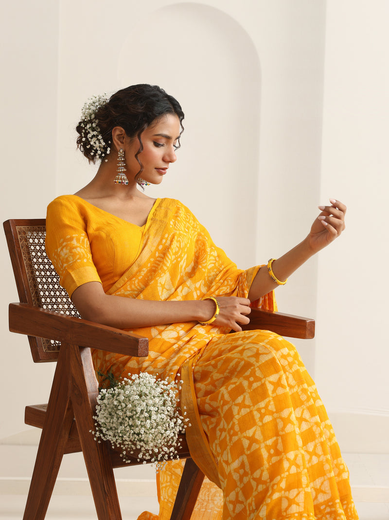 Women Hand Block Yellow Cotton Linen Printed Saree