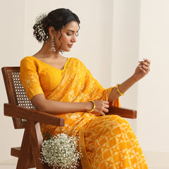 Women Hand Block Yellow Cotton Linen Printed Saree