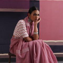 Women Cotton Pink Linen Printed Saree