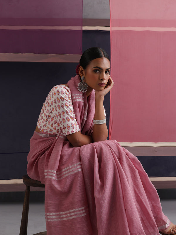 Women Cotton Pink Linen Printed Saree
