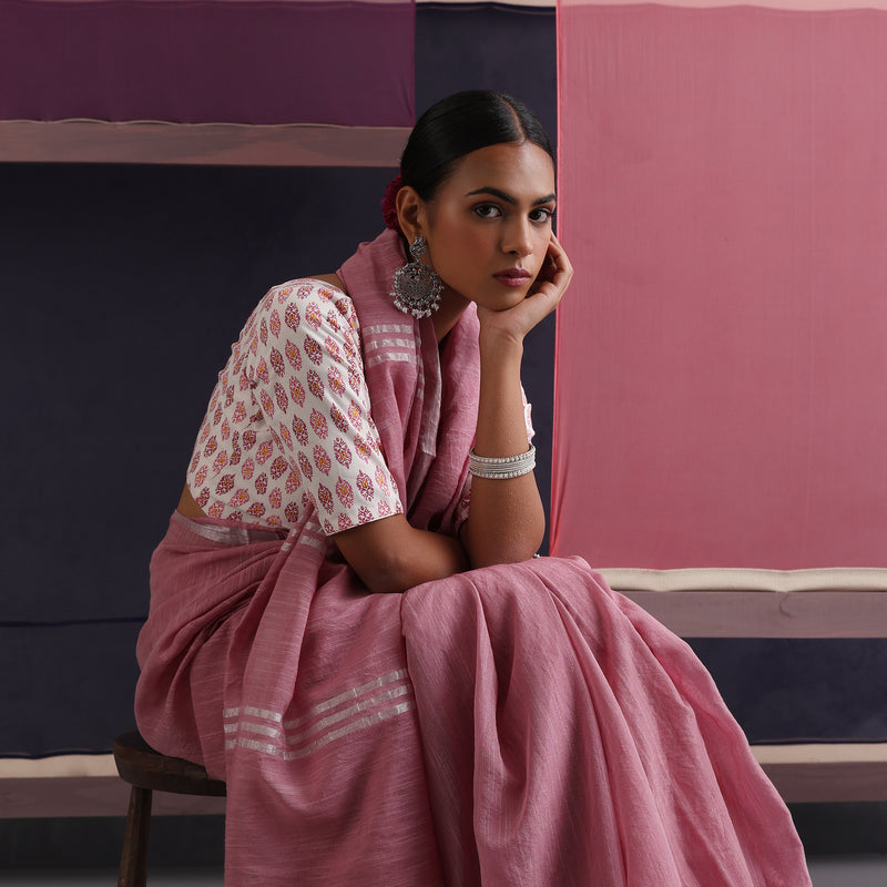 Women Cotton Pink Linen Printed Saree - Khushal K - Image 4