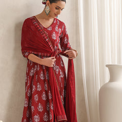 Floral Printed V-Neck A-Line Pure Cotton Kurta with Palazzos & With Dupatta