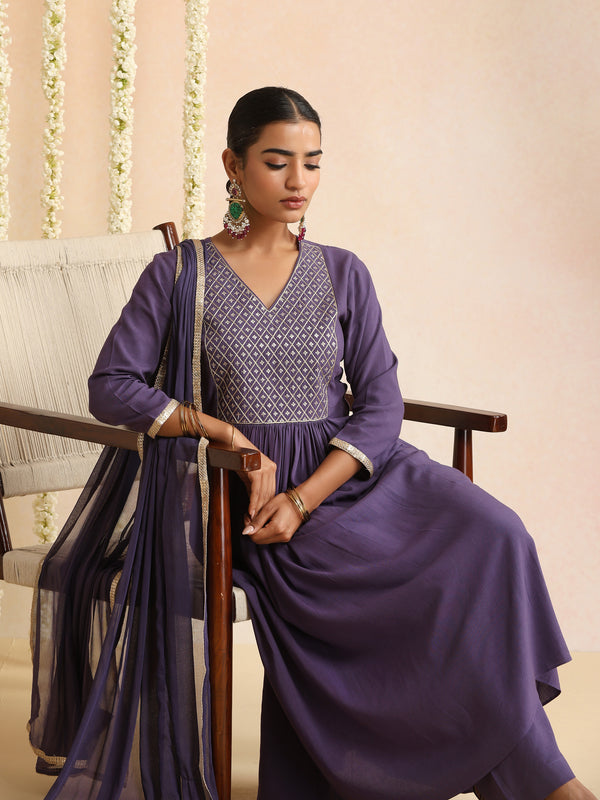 Ethnic Motifs Embroidered Empire Thread Work Kurta With Trousers & Dupatta