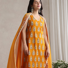 Khushal K Floral Printed V-Neck Pure Cotton Straight Kurta set