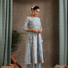Floral Printed Panelled Pure Cotton Anarkali Kurta With Palazzo & Dupatta