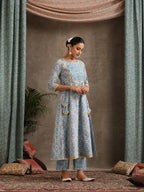 Floral Printed Panelled Pure Cotton Anarkali Kurta With Palazzo & Dupatta