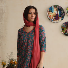 Khushal K Women Floral Printed Regular Pure Cotton Blue Kurta & Palazzo With Dupatta