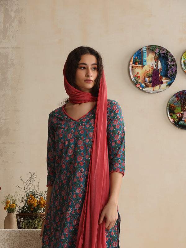 Khushal K Women Floral Printed Regular Pure Cotton Blue Kurta & Palazzo With Dupatta
