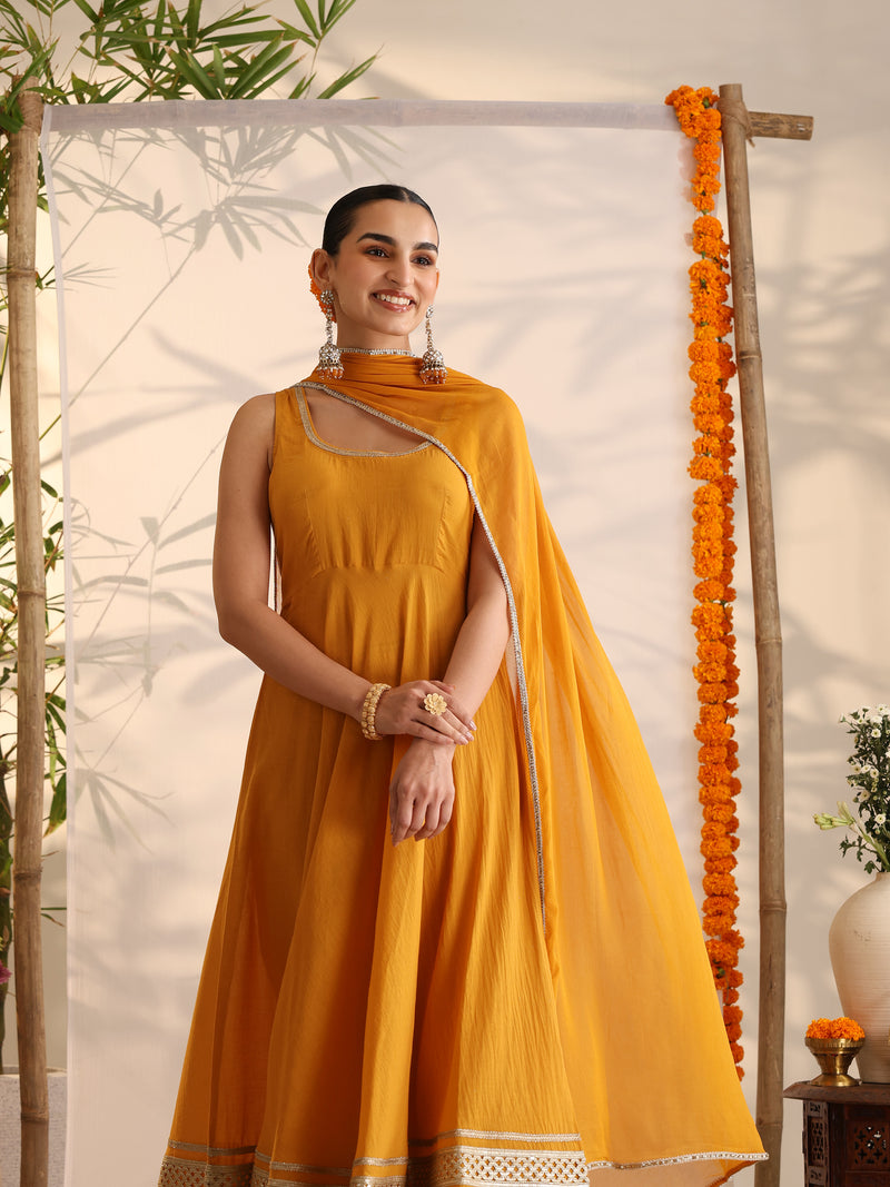 Khushal K Women Cotton Kurta and Palazzo With Dupatta Set - Mustard