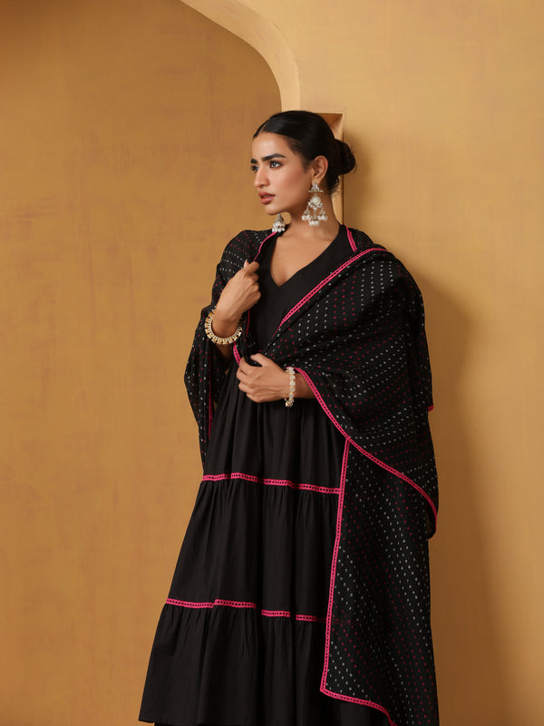 Khushal K Women Cotton Kurta and Palazzo With Dupatta Set - Black
