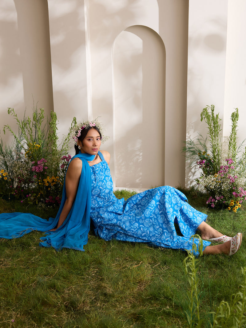 Khushal K Women Cotton Kurta And Palazzo With Dupatta Set - Blue
