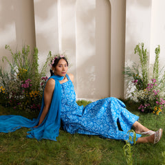 Khushal K Women Cotton Kurta And Palazzo With Dupatta Set - Blue