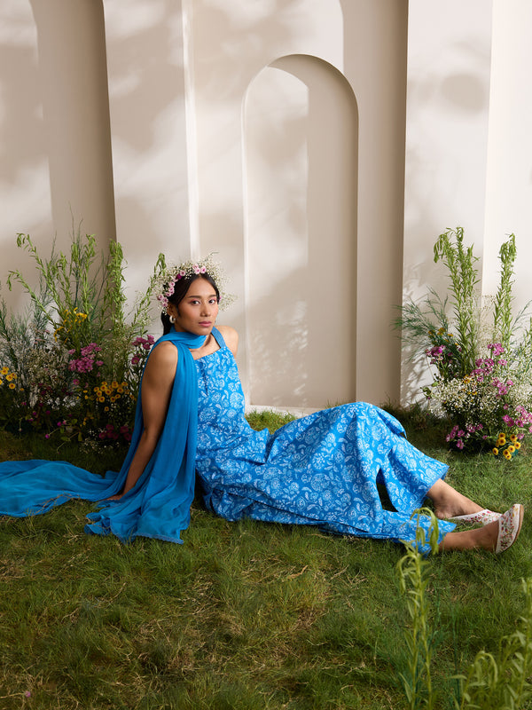 Khushal K Women Cotton Kurta And Palazzo With Dupatta Set - Blue