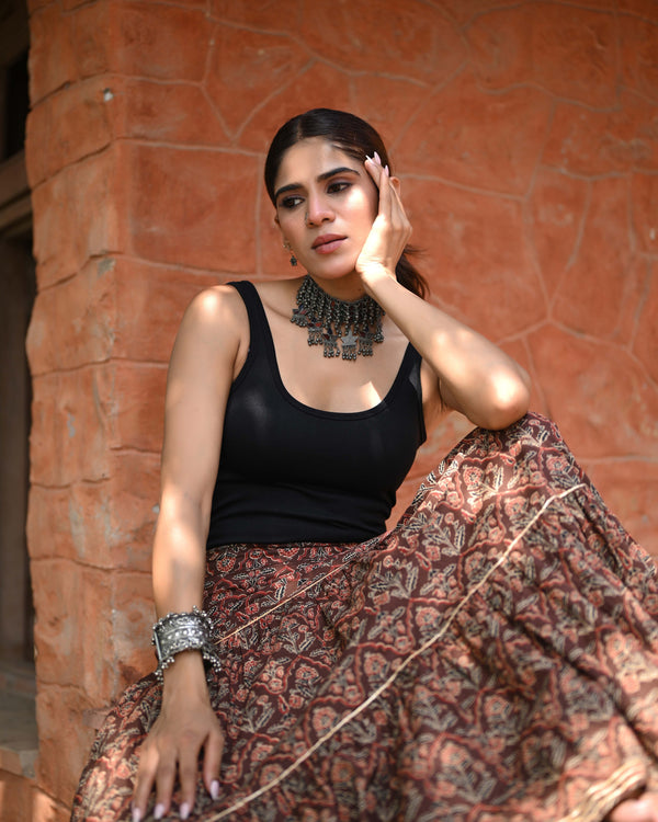 Khushal K Women's Brown Printed Cotton Flared Maxi Skirt