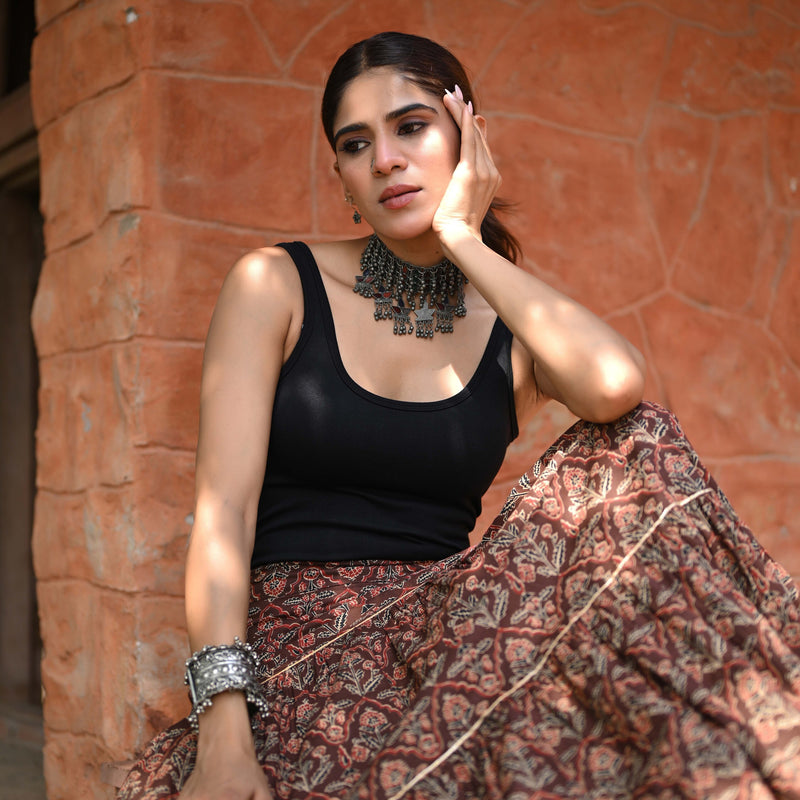 Khushal K Women's Brown Printed Cotton Flared Maxi Skirt