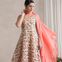 Women Cream Floral Printed Angrakha Pure Cotton Kurta with Palazzos & Dupatta