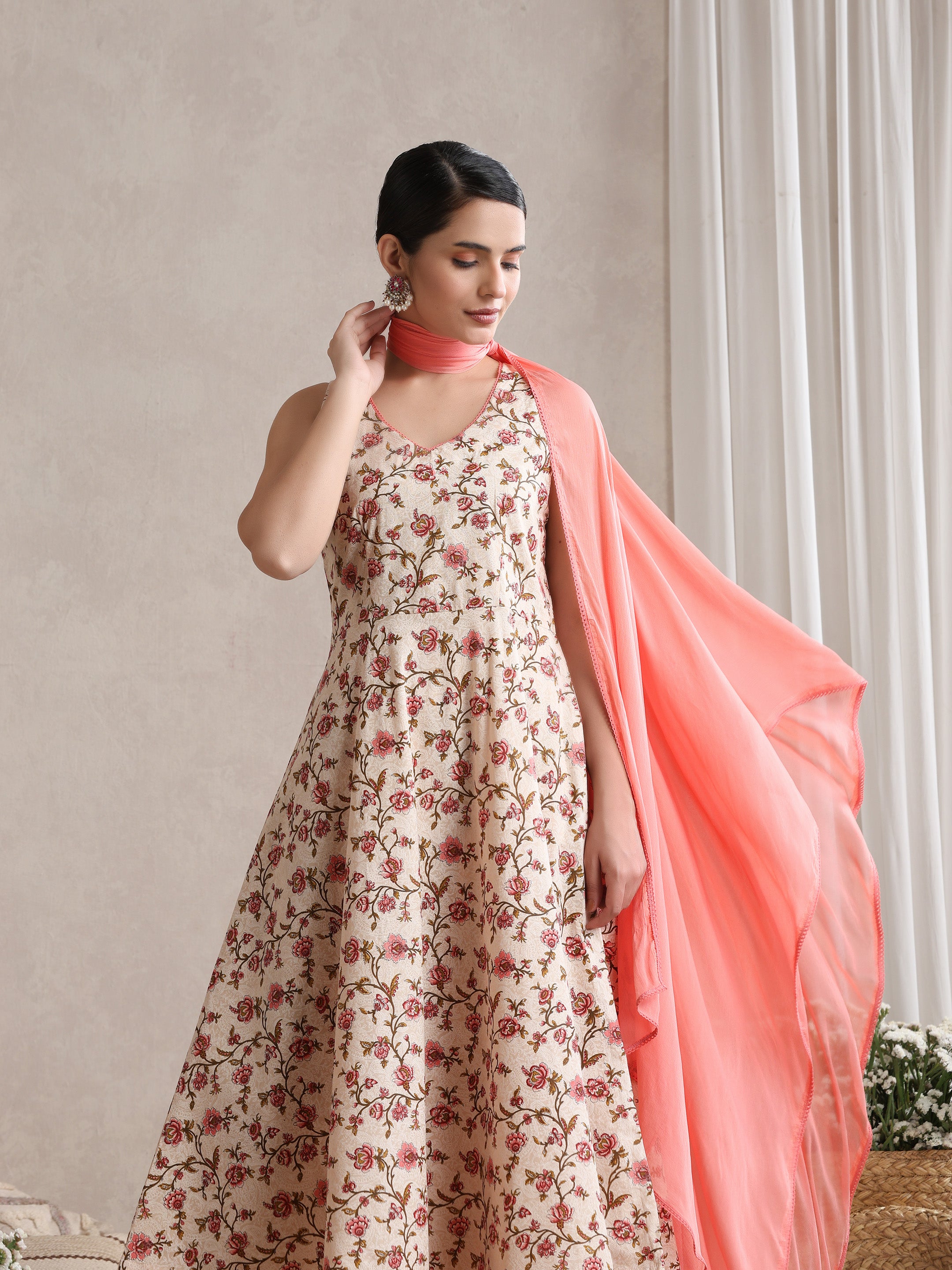 Women Cream Floral Printed Angrakha Pure Cotton Kurta with Palazzos & Dupatta