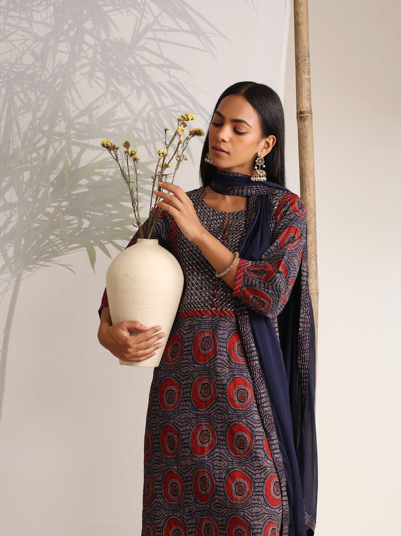 Khushal K Women Cotton kurta and Afghani Salwar with dupatta set - Blue