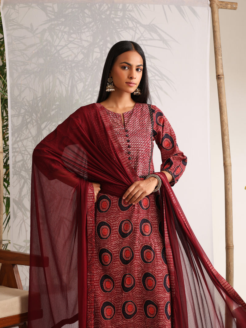 Khushal K Women Cotton kurta and Afghani Salwar with dupatta set - Maroon
