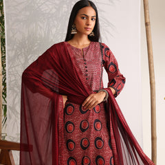 Khushal K Women Cotton kurta and Afghani Salwar with dupatta set - Maroon
