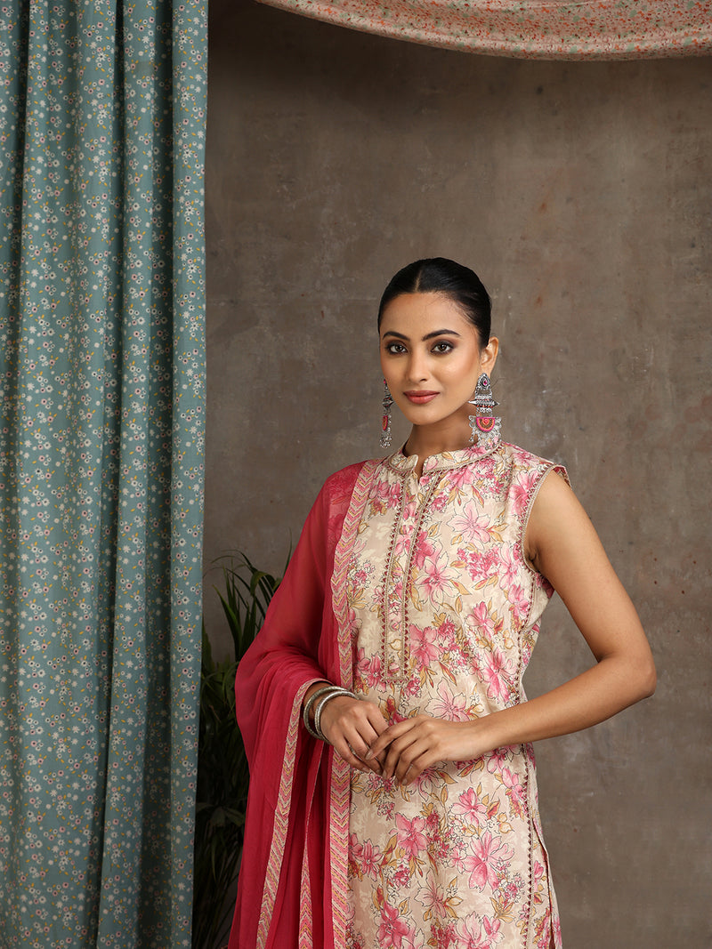 Women Floral Printed Regular Pure Cotton Kurta with Palazzos & With Dupatta
