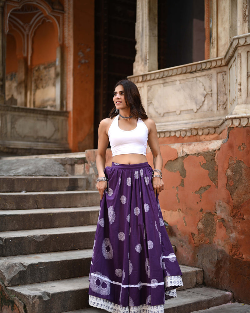 Khushal K Women's Purple Printed Cotton Flared Maxi Skirt