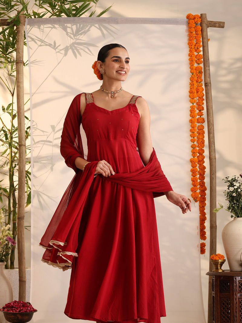 Khushal K Women Cotton Kurta and Palazzo With Dupatta Set - Maroon