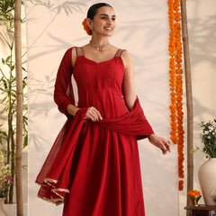 Khushal K Women Cotton Kurta and Palazzo With Dupatta Set - Maroon