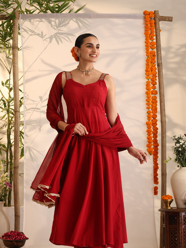 Khushal K Women Cotton Kurta and Palazzo With Dupatta Set - Maroon
