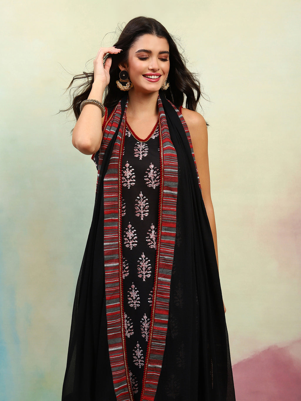 Ethnic Motifs Printed Regular Pure Cotton Straight Kurta with Palazzos & Dupatta