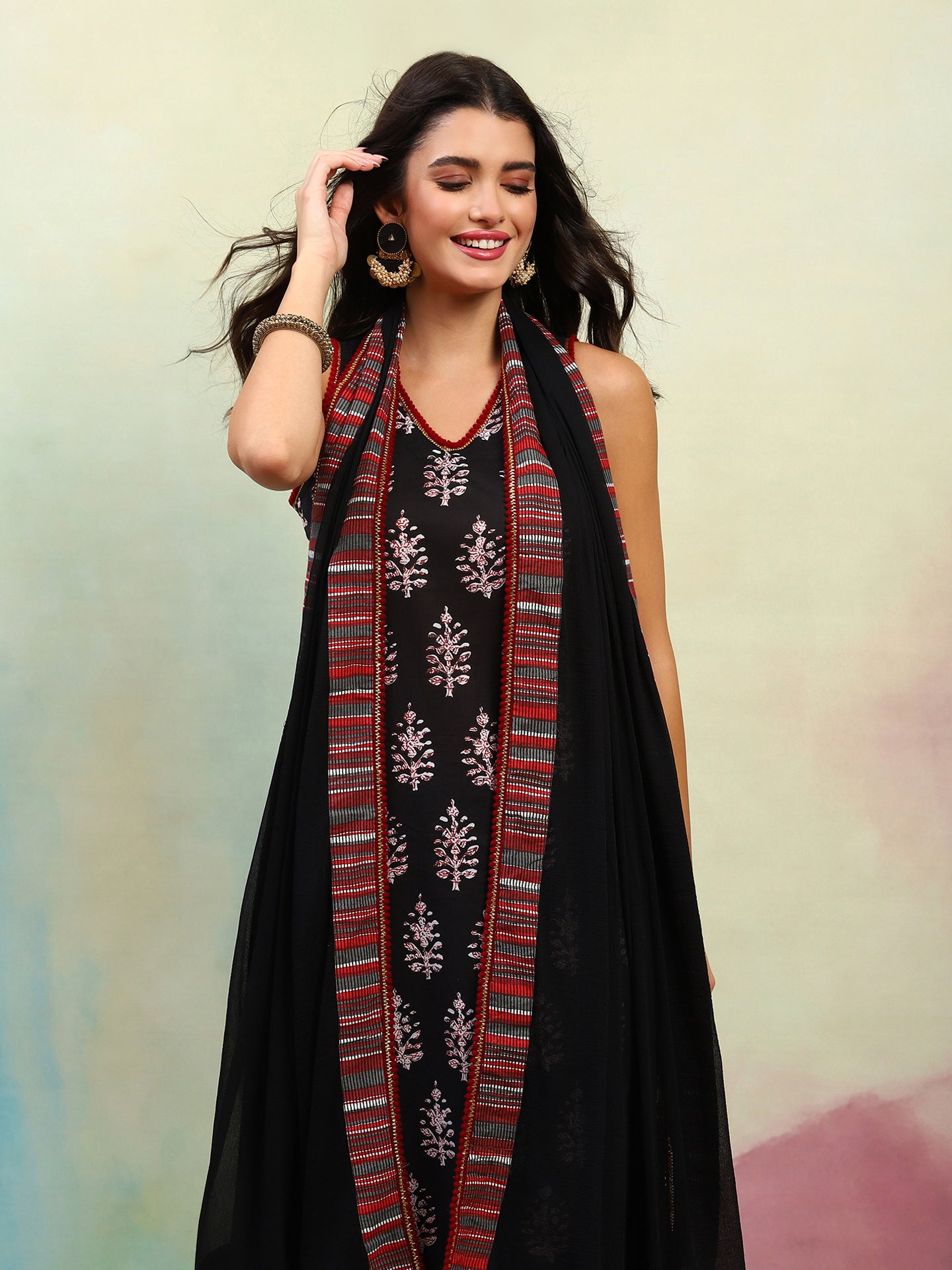 Ethnic Motifs Printed Regular Pure Cotton Straight Kurta with Palazzos & Dupatta