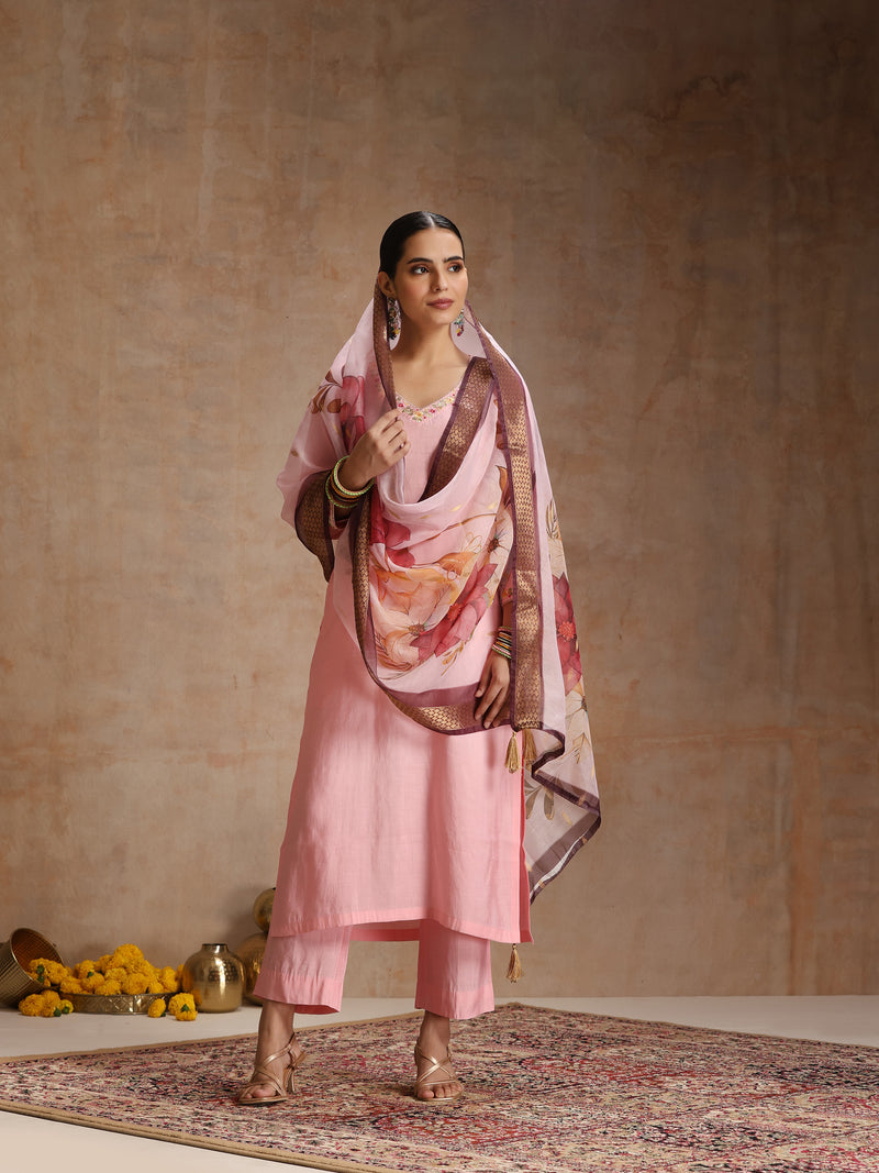 Khushal K Women Pure Silk pink Embroidered Kurta & Palazzo With Dupatta