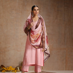 Khushal K Women Pure Silk pink Embroidered Kurta & Palazzo With Dupatta