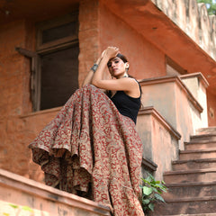 Khushal K Women's Rust Printed Cotton Flared Maxi Skirt