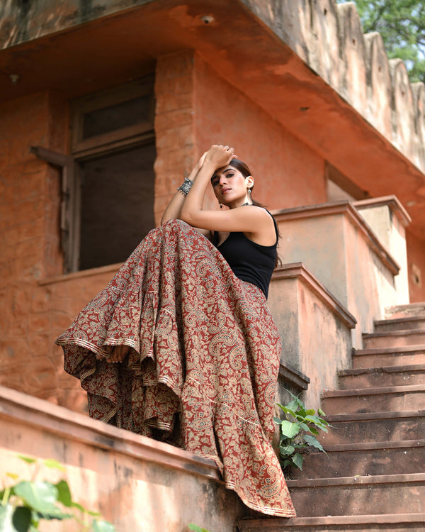 Khushal K Women's Rust Printed Cotton Flared Maxi Skirt
