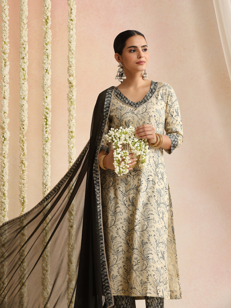 Cream & Black Ethnic Motif Kurta Set