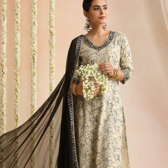Cream & Black Ethnic Motif Kurta Set