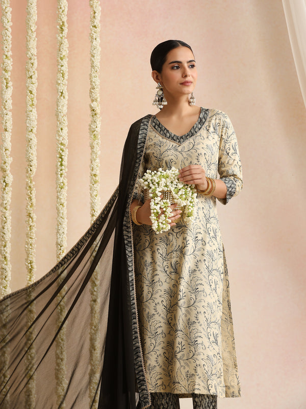 Cream & Black Ethnic Motif Kurta Set