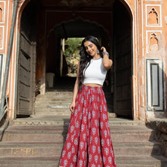 Khushal K Women's Maroon Printed Cotton Flared Maxi Skirt