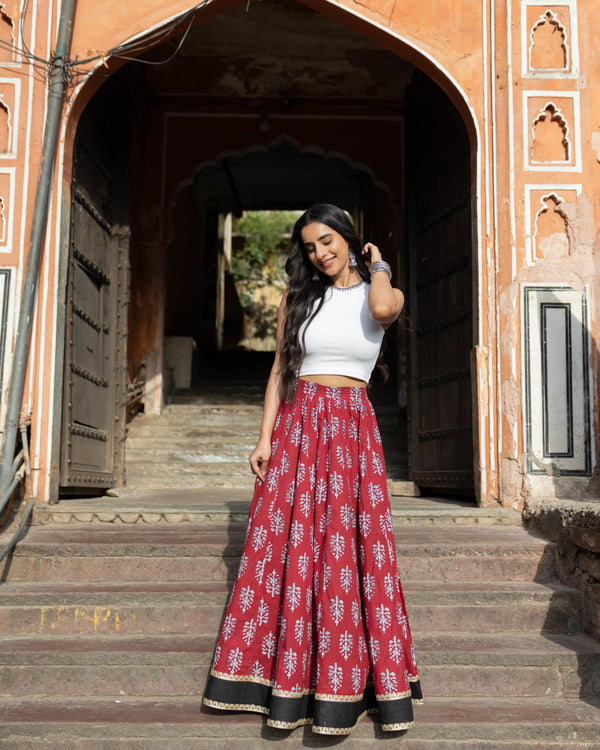 Khushal K Women's Maroon Printed Cotton Flared Maxi Skirt