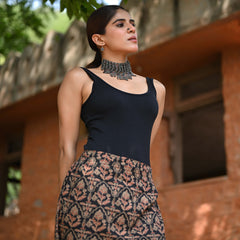 Khushal K Women's Black Printed Cotton Flared Maxi Skirt
