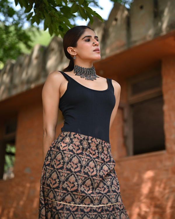Khushal K Women's Black Printed Cotton Flared Maxi Skirt