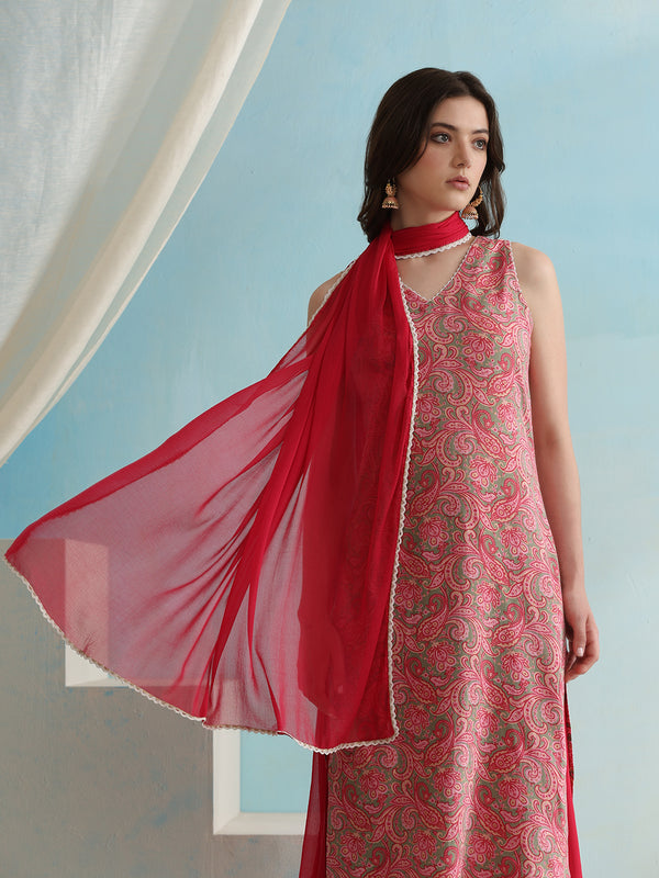 Paisley Printed V-Neck Sleeveless Kurta with Palazzos & With Dupatta