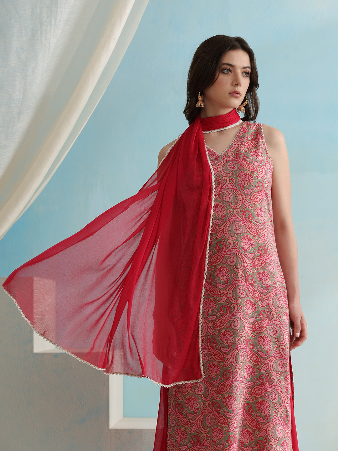 Paisley Printed V-Neck Sleeveless Kurta with Palazzos & With Dupatta