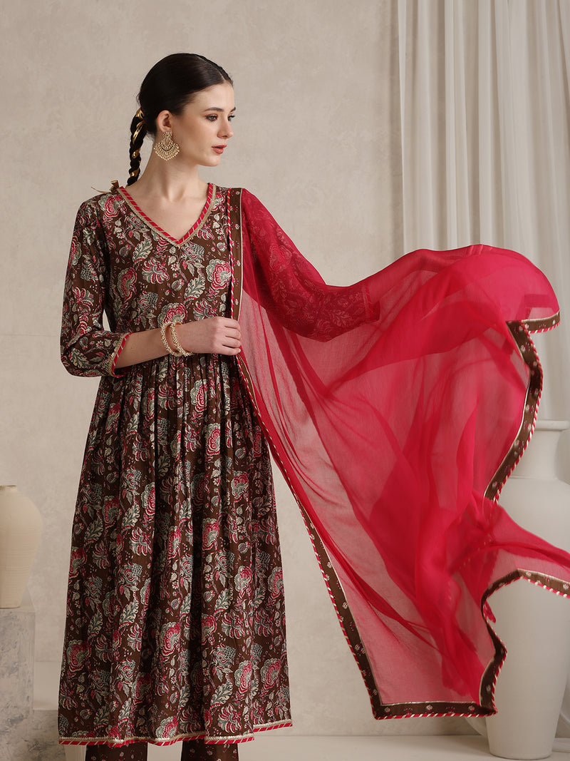 Khushal K Women Floral Printed Pure Cotton Anarkali Kurta set