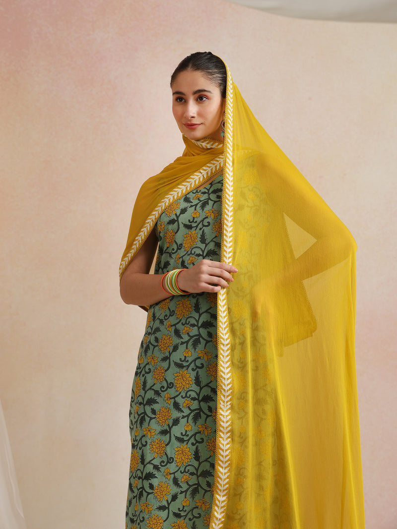 Khushal K Women Cotton Kurta Palazzo Dupatta Set - Green