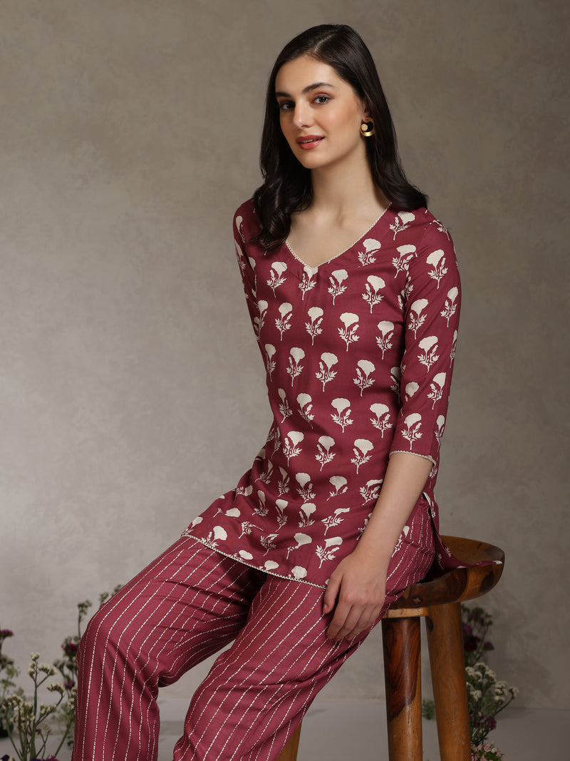 Floral Printed V-Neck Cotton Cord Set