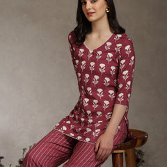 Floral Printed V-Neck Cotton Cord Set