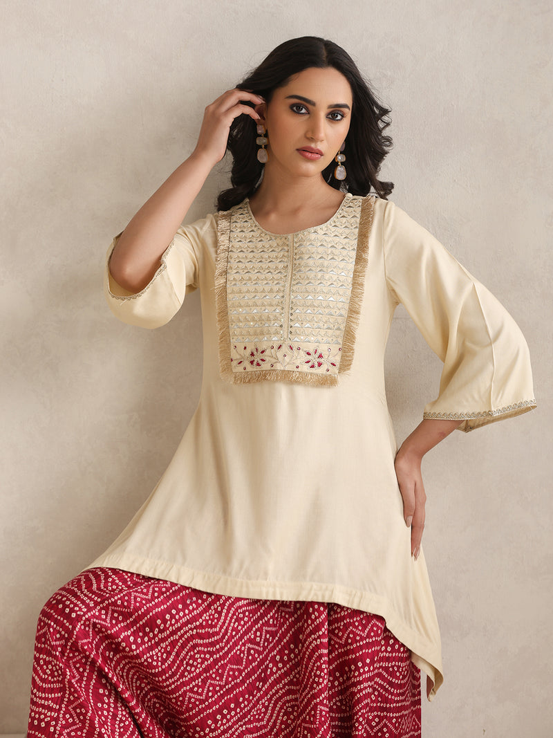 Cream Embroidered Cord Set with Bandhani Patiala