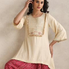 Cream Embroidered Cord Set with Bandhani Patiala